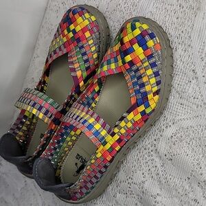 Corkys Liz slip on stretchable woven Mary Jane's multi color shoes sz 6